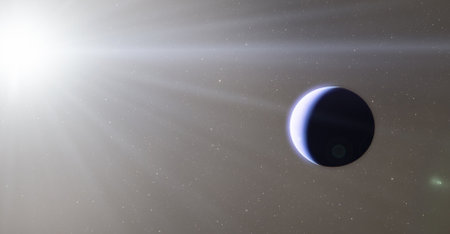 Sun and blue planet in the deep space. The Universe 3d illustration background
