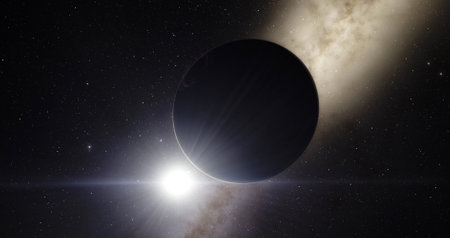 Planet over Milky Way galaxy with sun and stars, space 3d illustration background, the universe...