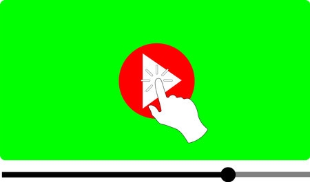 Multimedia video player shape with a hand pressing play button isolated over chroma key background, broadcasting pictogram vector illustrationのイラスト素材