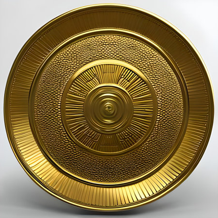 Golden plate over white background, empty plate illustrationの写真素材