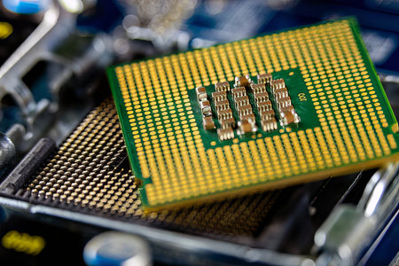 Michrochip, comptuer processor and motherboard, computer circuits and details close view photo....