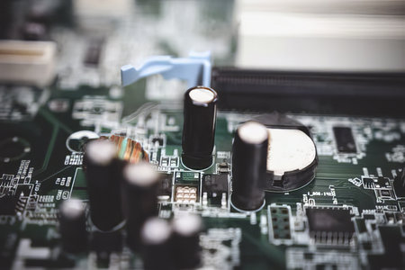Michrochip, comptuer processor and motherboard, computer circuits and details close view photo....