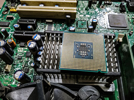 Michrochip, comptuer processor and motherboard, computer circuits and details close view photo....