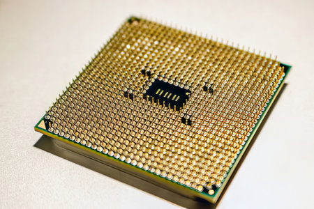 Michrochip, comptuer processor and motherboard, computer circuits and details close view photo. Hi-tech innovation backgroundの写真素材