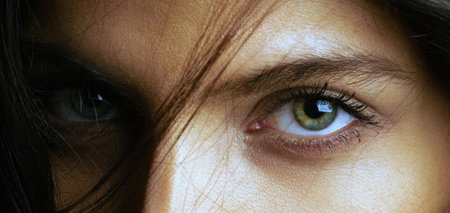 Eye close view. Human eye glance photo background. Emotional look