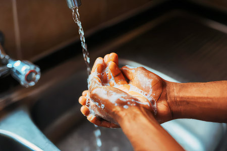 Hands wash procedure, cleaning hands with soap from viruses and contamination. Wash hands before...