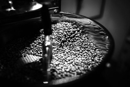 Coffee beans close view, fresh coffee black and white monochrome background
