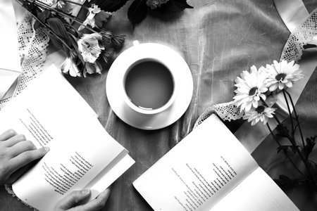 Coffee cup close vew black and white photo background, cup of tea or coffee on the table