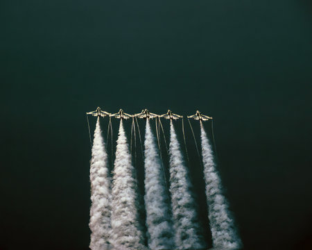 Airshow of military jet fighters. Group of military airplanes performs maneuvers with a smoke trace. Aviation backgroundの写真素材