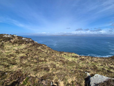 View of the Atlantic Ocean from the top of the Porthcurno, Cornwall