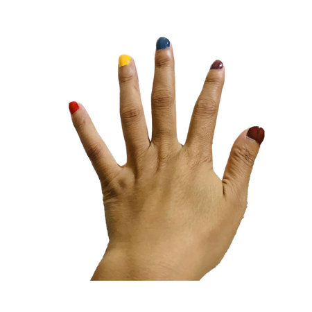 Female hand with multicolored nails isolated on a white background.の写真素材