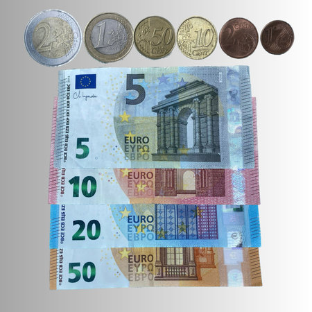 Euro banknotes and coins isolated on gray background. 3D illustrationの写真素材