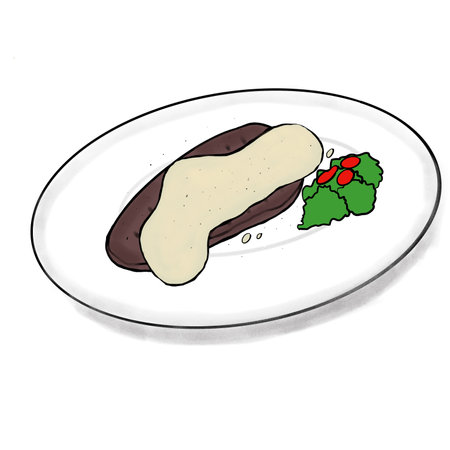 Illustration of steak and white sauce on a plate with saladの写真素材