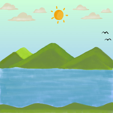 Summer landscape with mountains, sea and sun. Hand drawn illustration.の写真素材