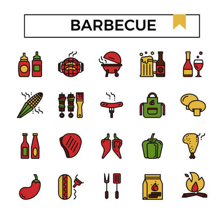 barbecue filled outline icon set.のイラスト素材