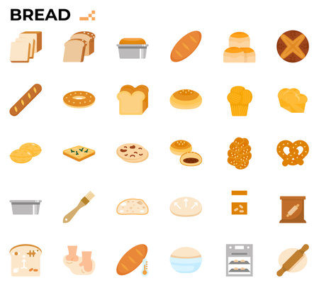 bread and baking icon set for bakery store, restaurant, cafe menu, websites, presentations, books.のイラスト素材