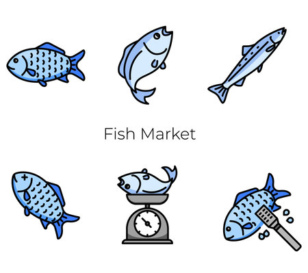 fish icon set for fish store, restaurant, cafe menu, websites, presentations, books.のイラスト素材
