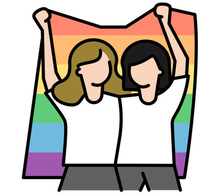 Two women holding rainbow flag modern concept ui/ux icon for website, app, presentaion, flyer, brochure etc.のイラスト素材