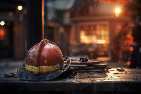 An old and shabby rescue helmet lies against the backdrop of a burning buildingの素材