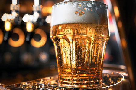 A pint of light beer, filled to the brim, stands on the bar counter in the pubの素材