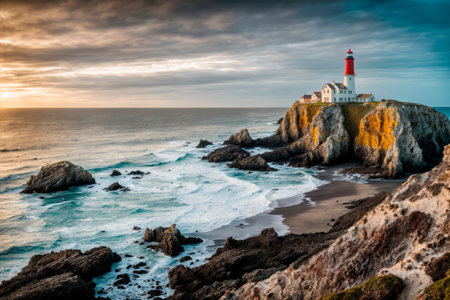 A lonely lighthouse surrounded by houses stands on a steep rocky cliff, which is washed by high waves, on the very shore of the raging sea at sunsetの素材