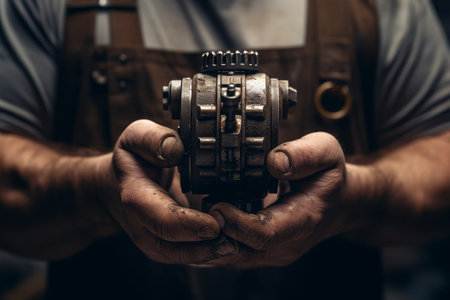An old, worn, oily engine in the hands of an engineerの素材