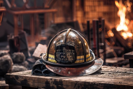 An old and shabby rescue helmet lies against the backdrop of a burning buildingの素材