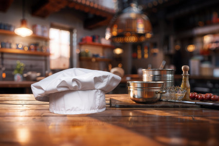 A white hat stands on a wooden table, surrounded by food and kitchen staffの素材