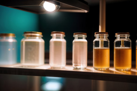 Test tubes with various liquids stand in an even row in a scientific laboratoryの素材