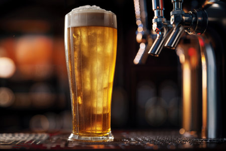 A pint of light beer, filled to the brim, stands on the bar counter in the pubの素材