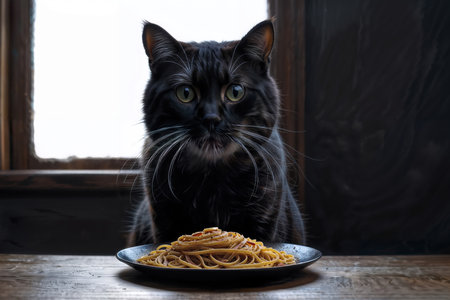 A black cat sitting on a table with a plate of spaghettiの素材
