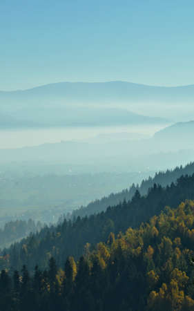 Foggy mountains and forest. Landscape from Polish region Beskydy