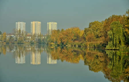 Green Katowice city - buildings and lake in the Valley of Three Pondsの写真素材
