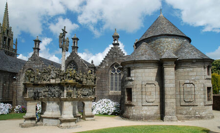Parish courtyard with sculpture of crucifixion in Guimiliauの写真素材