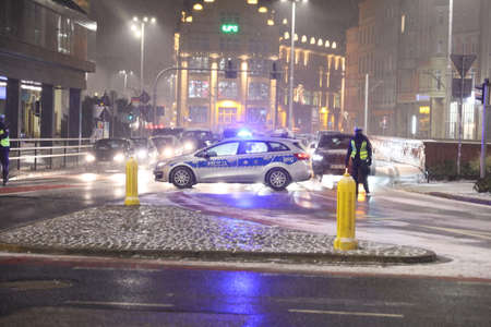 wroclaw, dolny slask, poland, 02.05.2021 A Polish policeman while securing a public assembly in WrocÅaw.のeditorial素材