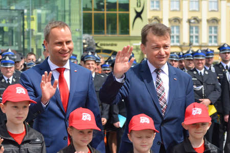 Politicians at the fire brigade competition WrocÅaw.のeditorial素材