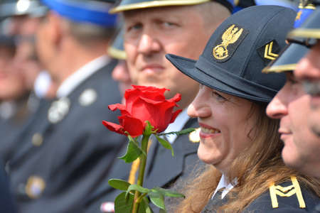 Politicians at the fire brigade competition WrocÅaw.のeditorial素材