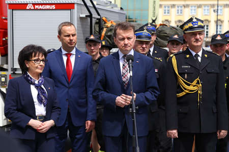 Politicians at the fire brigade competition WrocÅaw.のeditorial素材