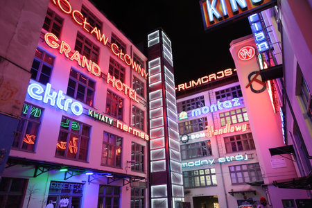Colorful neon lights in Wroclaw.のeditorial素材