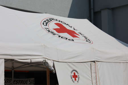 A mobile research point for covid-19 in the red cross tent in WrocÅaw.のeditorial素材