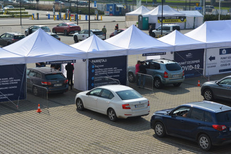 Mobile mass vaccination point for covid-19 at the city stadium.のeditorial素材