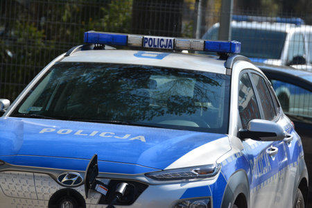 Electric car of the Polish police in the parking lot.のeditorial素材