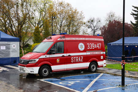 The fire brigade car at the mobile vaccination point.のeditorial素材
