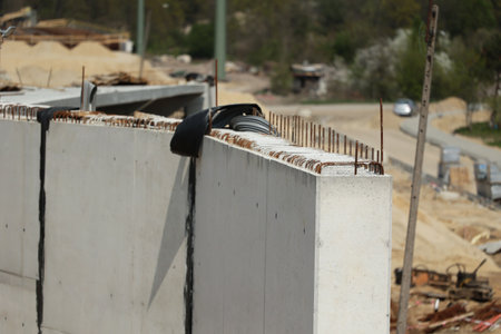 Reinforcing bars at the construction site of a new road bridge.の写真素材