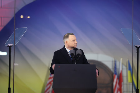 02.21.2023 warsaw, poland, President Andrzej Duda on the visit of US President Joe Biden in Warsaw and Kiev. February 2023.のeditorial素材