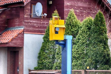 Yellow mailbox on a blue pillar in front of a wooden house.のeditorial素材