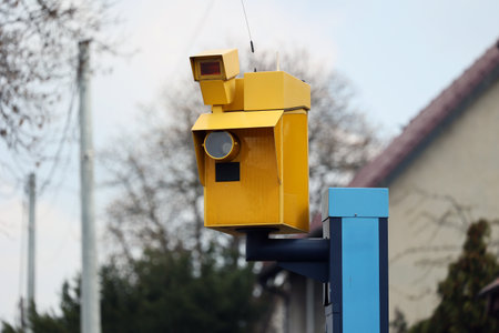 Yellow post box on a blue pole, close-up, selective focusのeditorial素材
