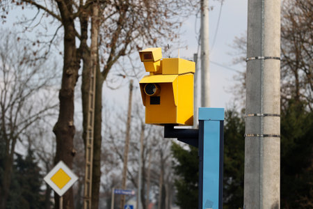 The yellow speed camera takes pictures of traffic violations for car drivers.のeditorial素材