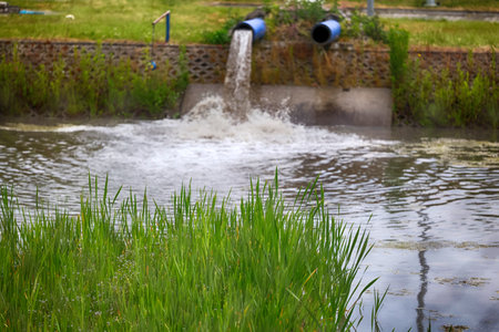 Water flowing from pipes into the river, close-up view.の写真素材