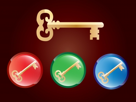 Illustration of a golden key and buttons badgesのイラスト素材